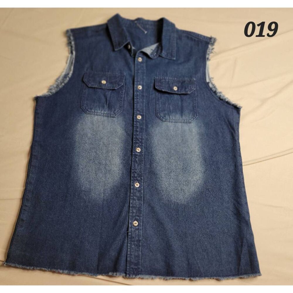 Adult unisex denim jean shirt mens large nwot buttondown distressed blue